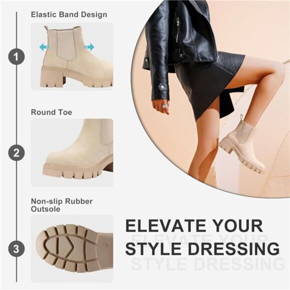 Women's 936 Chelsea Ankle Boots Platform Lug Sole Elastic Slip on Booties - Picture 4 of 7